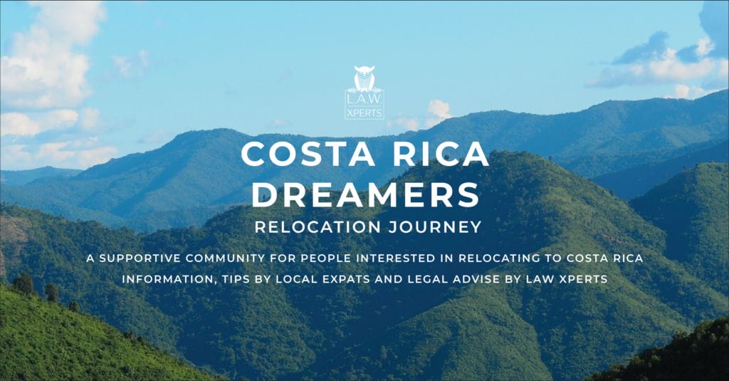 Scenic Costa Rican mountains with text about relocating to Costa Rica overlaid.